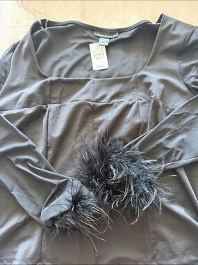 Ashley Stewart Black Long Sleeve Top with Feather Cuffs